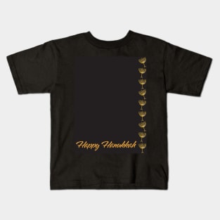 Happy Hanukkah greeting with Golden Menorah illustration on Black background Kids T-Shirt
